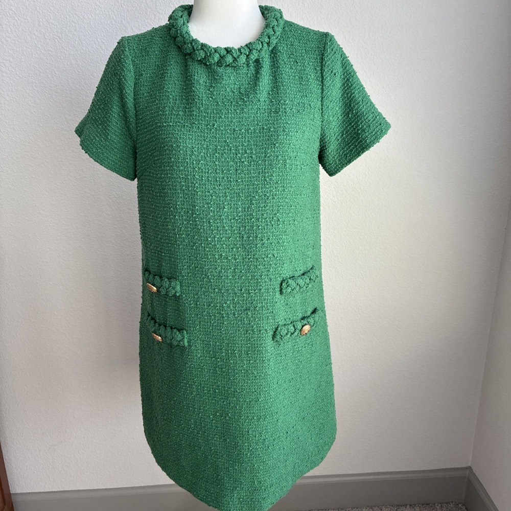 Tuckernuck Tweed Jackie Shift Dress Medium Green Short Sleeve Business *FLAW*